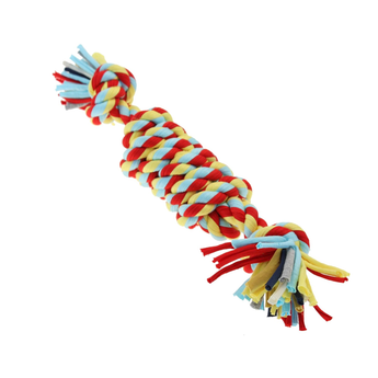 A braided rope dog toy with twisted red, yellow, and light blue cords, featuring knotted ends and frayed tassel-like tails, shown on a plain white background.
