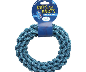 A blue braided rope dog toy with a hanging retail header card that reads 'Nuts for Knots' and 'Small Rope Dog,' photographed on a plain white background.