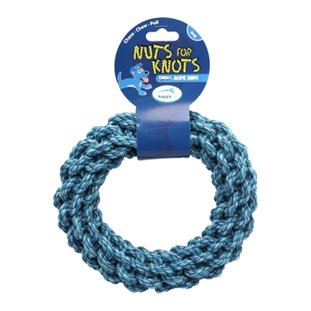 A blue braided rope dog toy with a hanging retail header card that reads 'Nuts for Knots' and 'Small Rope Dog,' photographed on a plain white background.