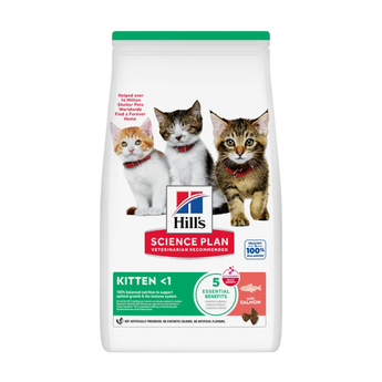 Hills Science Plan dry cat food packaged in a white bag with three kittens pictured on the bag. Text on bag says 'Hill's Science Plan, veterinarian recommended' and 'Kitten <1' with a fish pictured with text 'salmon' beneath on white background.