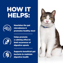 Picture of a long haired adult brown tabby and white cat pictured next to a blue section with white text stating 'How it helps: Nourishes the gut microbiome & promotes healthy stool, Helps promote a calming effect & limit recurrence of digestive upsets, Supports beneficial gut bacteria to maintain digestive health.'