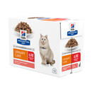 Picture of Hills Prescription Urinary Care Salmon wet food box on a white background. The box has a long haired white cat pictured and a bowl of food. With text reading 'Urinary Care C/D Multicare Stress' and 'Tender Chunks in Gravy with Salmon'