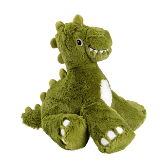 A House of Paws plush green dinosaur toy with white accents, including a belly patch, teeth, and claws, shown sat down against a plain white background.