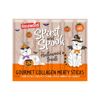 Rosewood Spirit and Spook Halloween Treats for Cats packaging, featuring a festive orange and beige design with cartoon cats in costumes and jack-o'-lanterns.