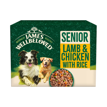 White background with a box of James Wellbeloved Lamb & Chicken with Rice Senior Dog Wet Food. The box is green and cream with 2 adult dogs pictured on the box.