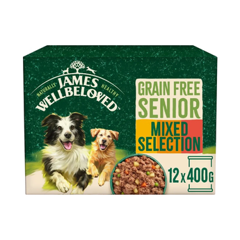 White background with a box of James Wellbeloved Mixed Selection Loaf Tins of Senior Dog Wet Food. The box is green and cream with 2 adult dogs pictured on the box.