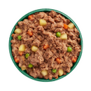 White background with a green bowl pictured filled with wet dog food.