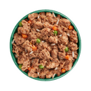 White background with a green bowl pictured filled with wet dog food.