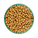 White background with a green bowl pictured filled with cat food kibbles.