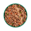 White background with a green bowl pictured filled with wet puppy food.