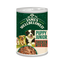 White background with a tin of James Wellbeloved Chicken, rice and vegetable puppy/Junior Food. The tin is green and cream with 3 puppies pictured, with text 'Puppy/Junior, Chicken with Rice'.