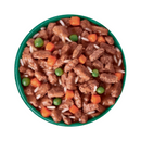 White background with a green bowl pictured filled with wet senior dog food.