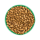 White background with a green bowl pictured filled with dog food kibbles.