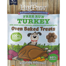 White background with a close up of a packet of Little BigPaw 'Free Run Turkey with sweet potato, carrots, cranberries and mixed herbs' dog treats. Pictured on the packet is an illustration of a grey dog with a cooked turkey and vegetables in the foreground. Text on the bag says 'Oven Baked Treats, 100% natural ingredients, Naturally delicious! 50% turkey'.