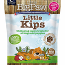 White background with a close up of a packet of Little BigPaw 'Little Kips' dog treats. Pictured on the packet is an illustration of a brown dog sleeping with a apples, berries, lemons and a jar of peanut butter in the foreground. Text on the bag says 'Chillaxing vegan treats for all dogs and puppies, 100% natural ingredients, soft & squidgy baked treats. Approx. 100 treats!'