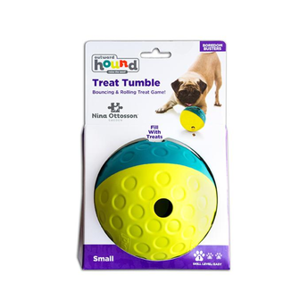 A Nina Ottosson Treat Tumble dog toy packaging with a yellow and blue treat tumble ball on a white background.
