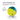 A Nina Ottosson treat dispensing ball toy for dogs, featuring a bright yellow lower half and a teal-blue upper half, with a small treat visible below it. The image includes marketing text and icons on a clean white background.