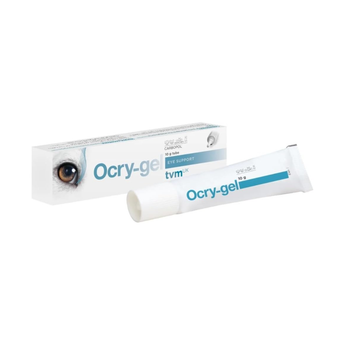 Ocry-gel eye lube tube and packaging box on a plain white background. The tube is white with blue text and a blue stripe, and the box features a close-up of a human eye.