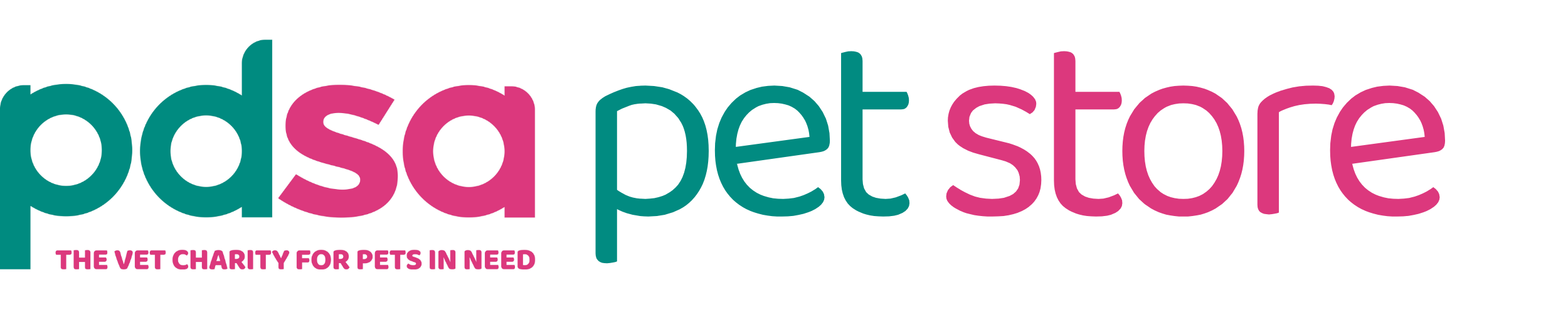 Logo of PDSA Pet Store with teal and pink text on a white background
