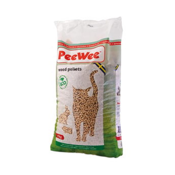 A 9kg bag of PeeWee wood pellets for cats and rabbits, featuring a white and green package with red branding and images of rabbit and cat silhouettes filled with the wood pellets.