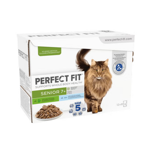White background with a box of Perfect Fit Senior 7+ wet cat food with a long haired tabby cat pictured on the box.