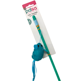 PDSA pet cat teaser toy with a teal plastic wand, blue knitted mouse, and blue string, shown on its white retail card packaging.