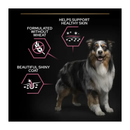 Black background with a tricoloured collie dog pictured. Next to the dog is text 'Helps support healthy skin, Formulated without wheat, Beautiful shiny coat'.