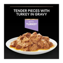 Black background with a white plate of Pro Plan kitten wet food pictured above the plate is text 'Tender pieces with Turkey in Gravy'.