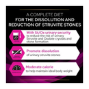 Black background with white text 'A complete diet for the dissolution and reduction of struvite stones' below are white sections with pink titles and black text 'With St/Ox urinary security - to reduce the risk of urinary Struvite and Oxalate crystals and stone formation, Promote dissolution - of urinary struvite stones, Moderate calorie - to help maintain ideal body weight.'