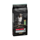 White background with a black bag of Purina Pro Plan Medium Sensitive Digestion dry food. Pictured on the bag is an adult tri-coloured collie dog.