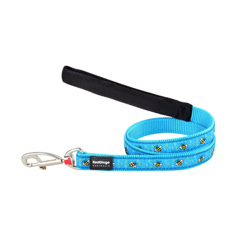 White background with a turquoise 'Red Dingo' dog lead with bees pictured on it.