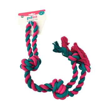 A pink and teal twisted rope dog toy with knots and frayed ends, attached to a white retail header card labeled 'pdsa' and photographed on a plain white background.
