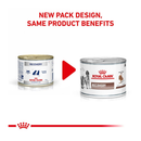 White background with a picture of the old style tin of Royal Canin Recovery Mousse for cats and dogs, with new design tin shown.