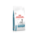 White background with a bag of Royal Canin Hypoallergenic Moderate Calorie dry dog food with a English Setter dog pictured on the packet, text on the pouch says 'Royal Canin Veterinary, Hypoallergenic Moderate Calorie'.