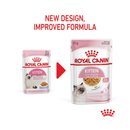 White background with a picture of the old style of Royal Canin kitten chunks in jelly wet food, with new design also shown.