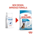 White background with a picture of the old style of Royal Canin Maxi Puppy dry food, with new design also shown.