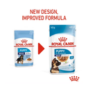 White background with a picture of the old style of Royal Canin Maxi Puppy in gravy wet food, with new design also shown.