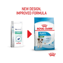 White background with a picture of the old style of Royal Canin Mini Puppy dry food, with new design also shown.