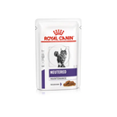 White background with a pouch of wet cat food with an long haired tabby cat pictured on the packet, text on the pouch says 'Royal Canin Expert, Neutered Maintenance, Thin slices in gravy.'