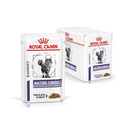 White background with a box of wet cat food pouches with an long haired tabby cat pictured on the box, text on the box says 'Royal Canin Expert, Mature Consult, Thin slices in gravy' In the foreground is a pouch with the same text and style as the box.