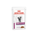 White background with a pouch of wet cat food with an long haired tabby cat pictured on the packet, text on the pouch says 'Royal Canin Veterinary, Renal with Fish, Thin slices in gravy.'
