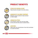 White background with text 'Product Benefits' below details the benefits of Royal Canin Urinary S/O Moderate Calorie. 'Struvite Dissolution - helps dissolve all types of struvite stones, Moderate Calorie Content - moderate calorie content to help maintain an ideal weight, Urine Dilution -  Urine dilution makes the urine less liable to form struvite and calcium oxalate stones, Low RSS - Helps lower the concentration of ions that contribute to crystal formation.'