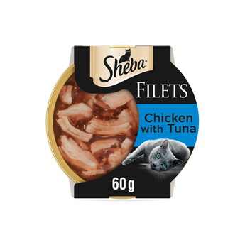 White background with a tray of Sheba Filets with Tuna in gravy, pictured on the front is a British blue cat.