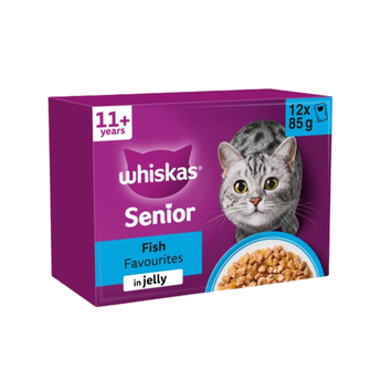 White background with a purple box of Whiskas Fish Favourites, on the box is silver tabby cat in front of a bowl on food. Text on the pack reads 'Whiskas, 11+ years, Fish Favourites, in Jelly, 12x85g'.
