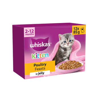 White background with a purple box of Whiskas Poultry Feasts, on the box is silver tabby kitten in front of a bowl on food. Text on the pack reads 'Whiskas, 2-12months, Poultry Feasts, in Jelly, 12x85g'