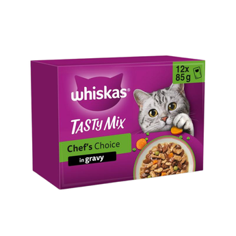 White background with a purple box of Whiskas Country Collection, on the box is silver tabby kitten in front of a bowl on food. Text on the pack reads 'Whiskas, 1+, Country Collection, in Jelly, 12x85g'