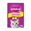 White background with a purple packet of Whiskas Temptations, on the packet is silver tabby cat's face at the bottom of the packet. Text on the pack reads 'Whiskas Temptations, with Chicken & Cheese, 60g.'