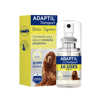 A yellow box of ADAPTIL Transport 'Better Together' dog calming spray with a spray bottle of the product next to it. Pictured on the box is an Irish setter dog.