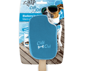 Blue ice lolly plush dog toy pictured on cardboard backing which has a Jack Russell dog with sunglasses on. Packaging text says 'Blueberry Ice Cream' and 'soak in water' pictured on a white background.
