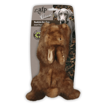 Brown rabbit dog toy on a cardboard backing which pictures a Weimaraner dog with white text 'All for Paws Classic' and 'Realistic Dog Toys'. Pictured on a white background.